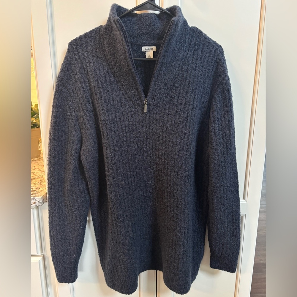 LL Bean Cozy Cloud Sweater Women’s Large Wool Blend Navy Ribbed Quarter Zip Warm